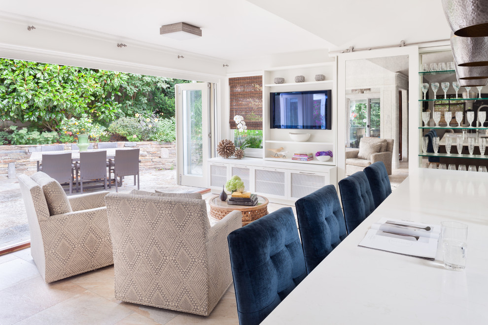 Example of a mid-sized trendy open concept beige floor family room design in Vancouver with a wall-mounted tv