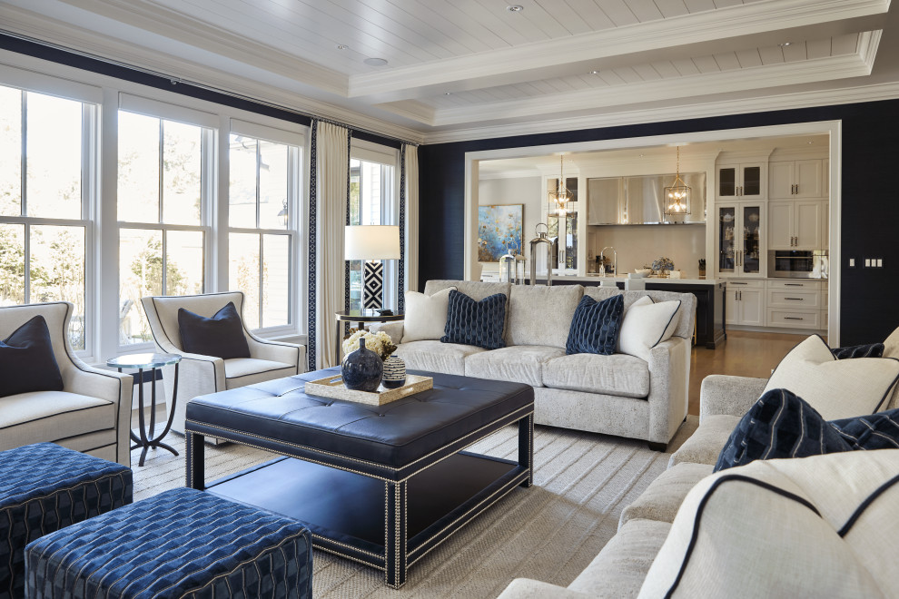 Inspiration for a medium sized country enclosed games room in Chicago with light hardwood flooring, a stone fireplace surround, a wall mounted tv, beige floors, a coffered ceiling and tongue and groove walls.