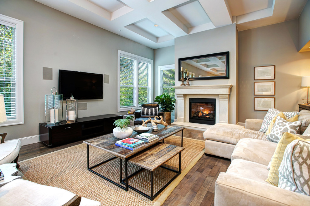Inspiration for a traditional games room in Seattle with a plastered fireplace surround and a coffered ceiling.
