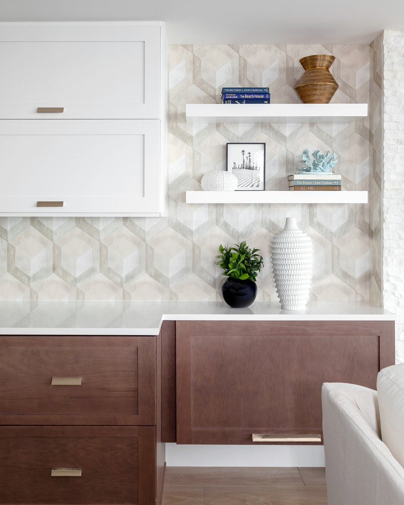 Huge minimalist open concept porcelain tile and beige floor family room photo in Orlando with white walls, a hanging fireplace, a stone fireplace and a wall-mounted tv