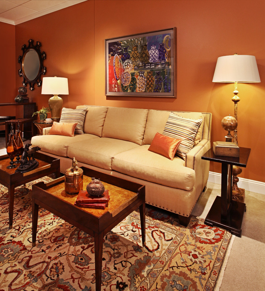 На фото: открытая комната для игр среднего размера в стиле неоклассика (современная классика) с оранжевыми стенами и ковровым покрытием без камина, телевизора