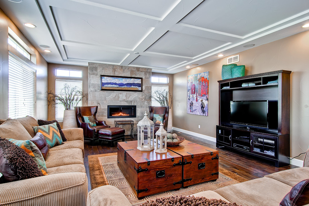 This is an example of a contemporary games room in Denver with beige walls.