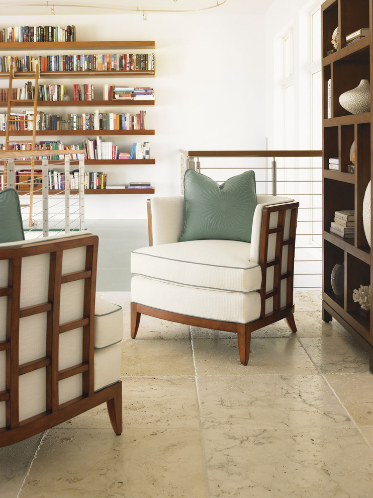 Foto de sala de estar con biblioteca tipo loft contemporánea de tamaño medio sin chimenea y televisor con paredes blancas