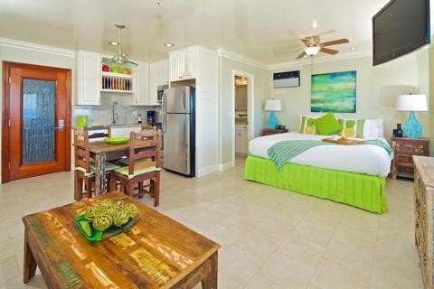 Источник вдохновения для домашнего уюта: огромная открытая гостиная комната в морском стиле с зелеными стенами, полом из травертина и телевизором на стене