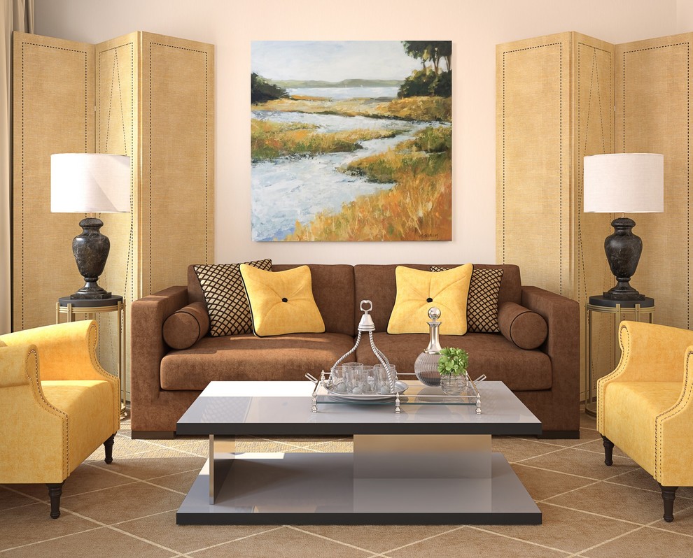 Cette image montre une petite salle de séjour traditionnelle fermée avec un mur beige, moquette, aucune cheminée, un téléviseur dissimulé et un sol marron.