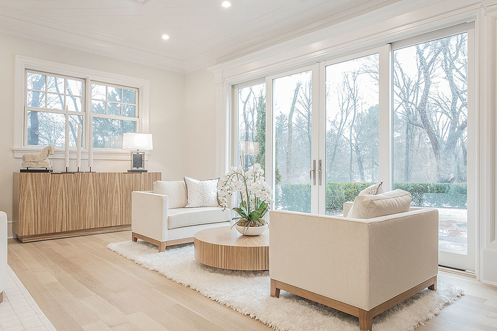Modernes Wohnzimmer mit beiger Wandfarbe, hellem Holzboden und beigem Boden in New York