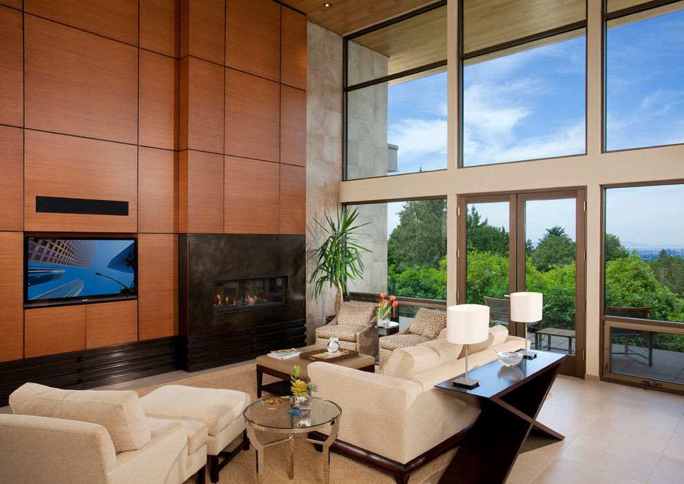 Идея дизайна: открытая гостиная комната в современном стиле с горизонтальным камином и телевизором на стене