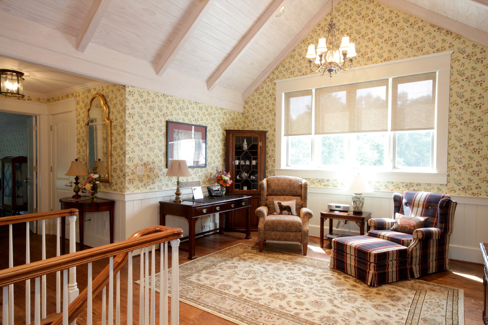 Mid-sized farmhouse loft-style medium tone wood floor family room photo in Richmond with beige walls