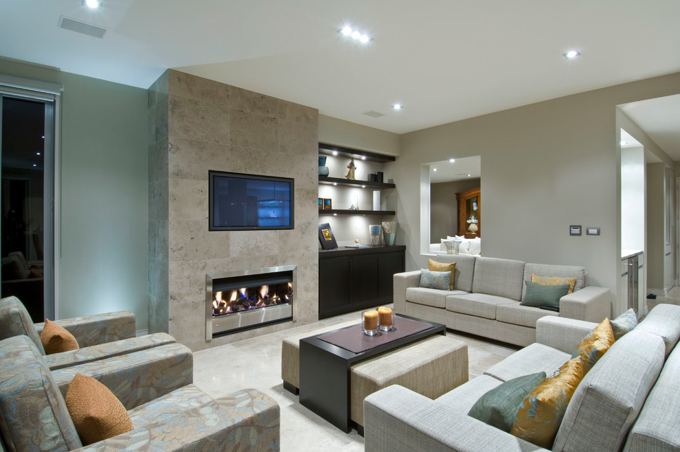 Foto de sala de estar contemporánea con marco de chimenea de baldosas y/o azulejos