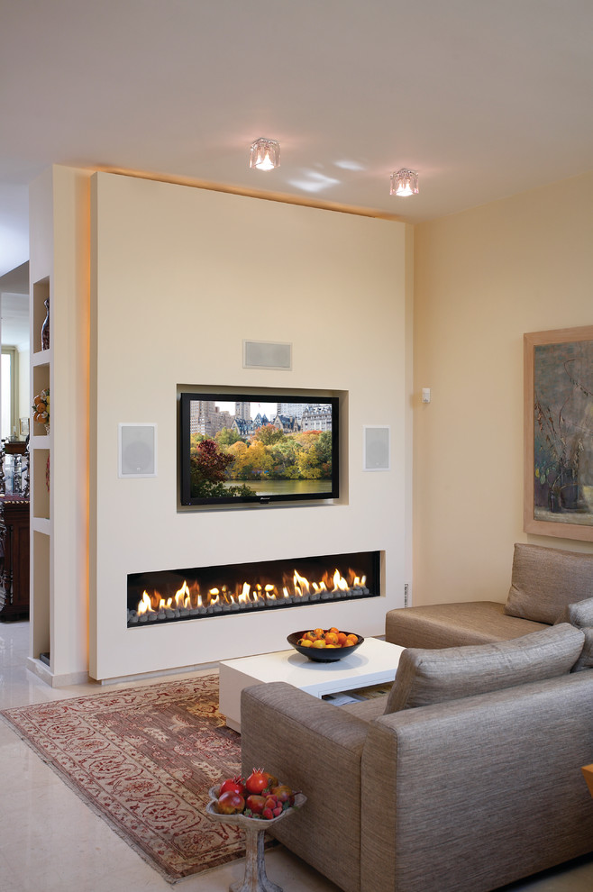 This is an example of a classic games room in San Francisco with beige walls and a ribbon fireplace.