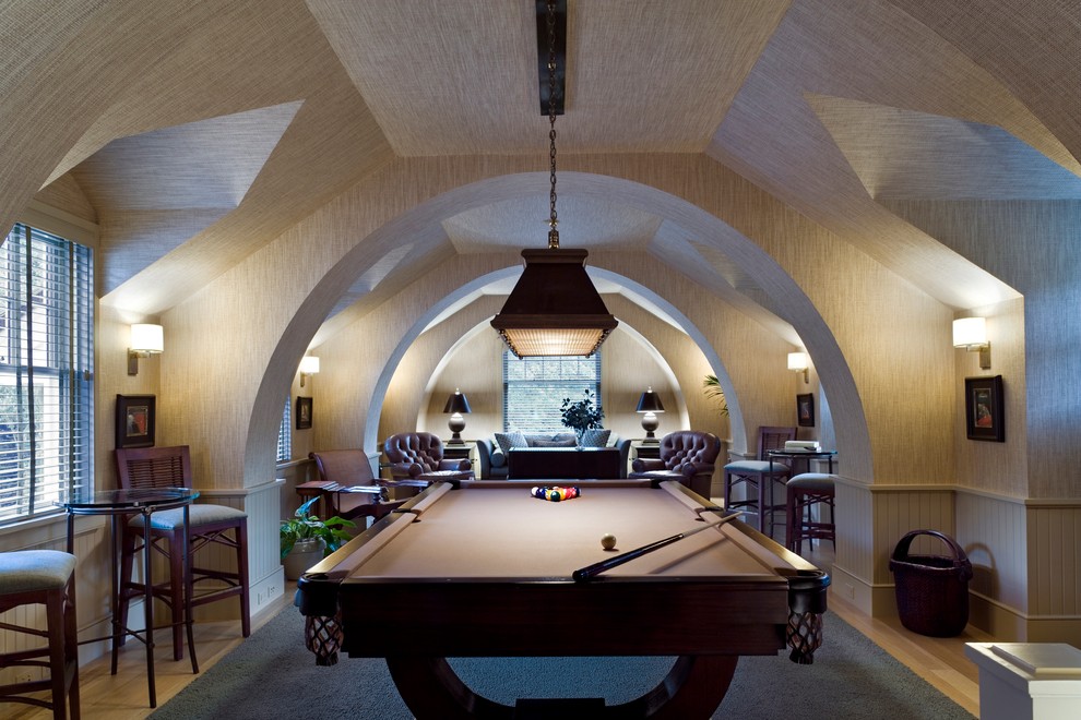 Photo of a large traditional enclosed games room in Other with beige walls and medium hardwood flooring.