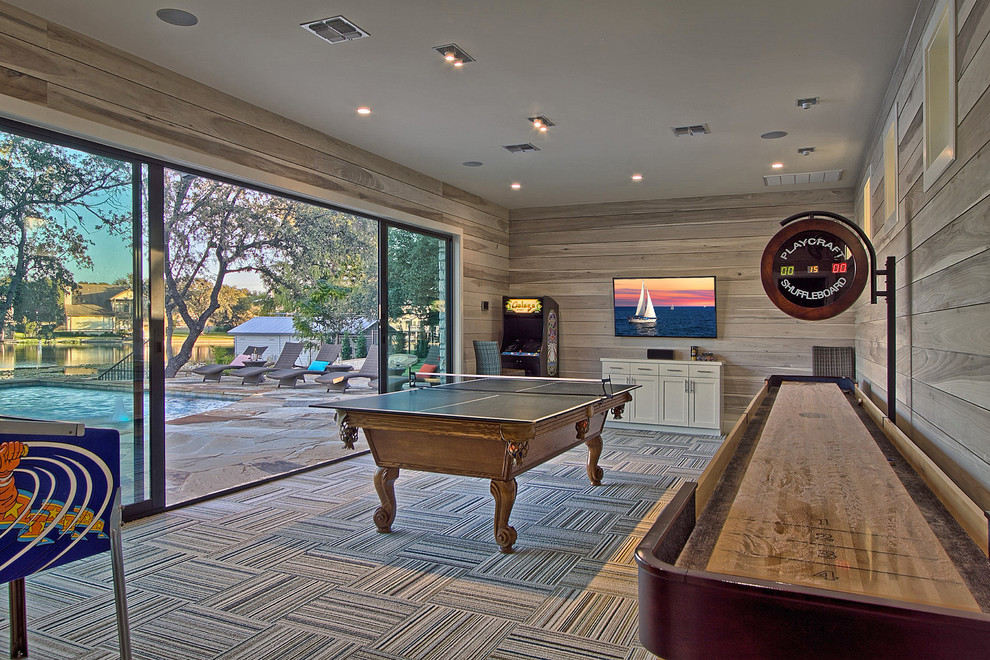 Large trendy open concept carpeted game room photo in Austin with white walls, no fireplace and a wall-mounted tv