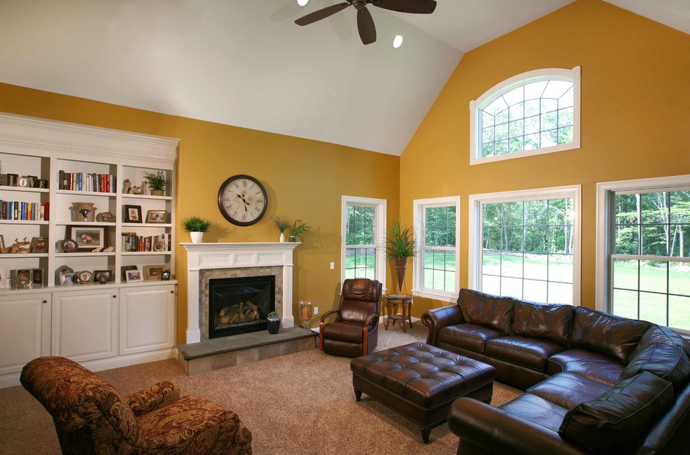 Family room - large traditional open concept carpeted and brown floor family room idea in Bridgeport with yellow walls, a standard fireplace and a tile fireplace