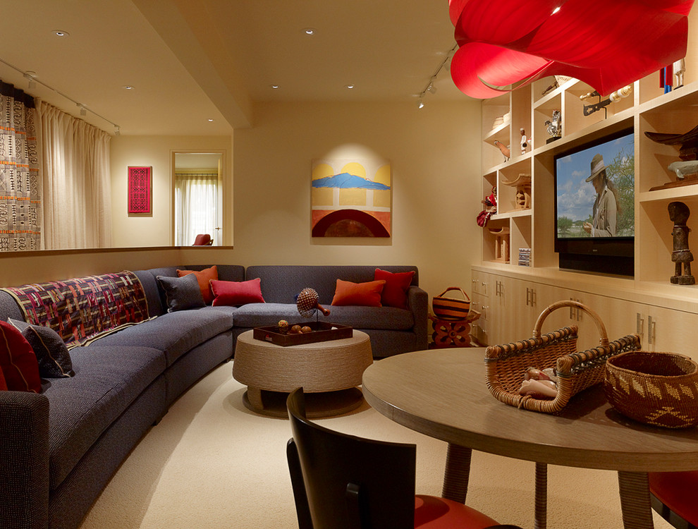 Contemporary enclosed games room in San Francisco with beige walls, carpet and a built-in media unit.