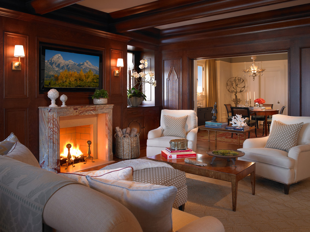 Photo of a classic games room in San Francisco with brown walls, a standard fireplace and a wall mounted tv.