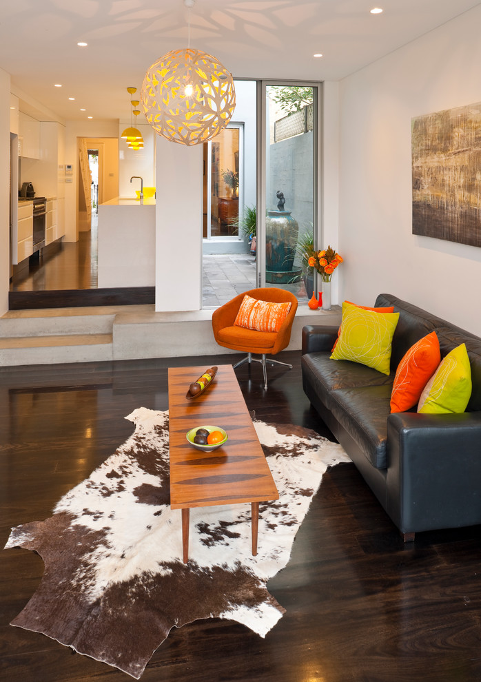 Modernes Wohnzimmer mit weißer Wandfarbe, dunklem Holzboden und braunem Boden in Sydney