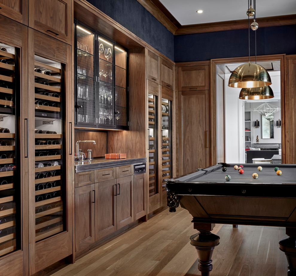 Design ideas for a classic enclosed games room in Chicago with a game room, blue walls, light hardwood flooring and beige floors.