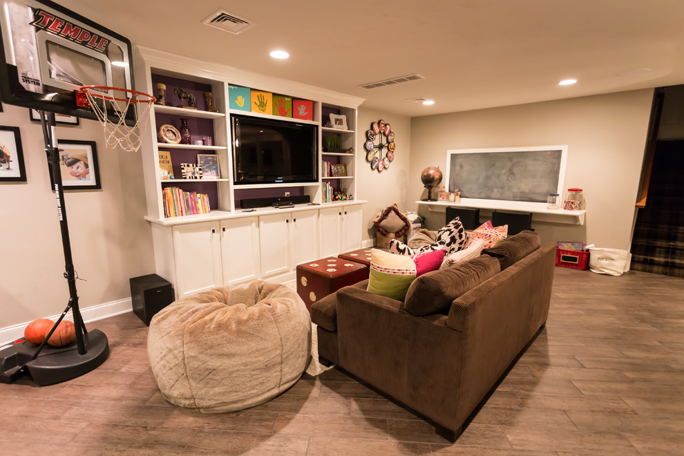 Example of a mid-sized trendy family room design in Philadelphia