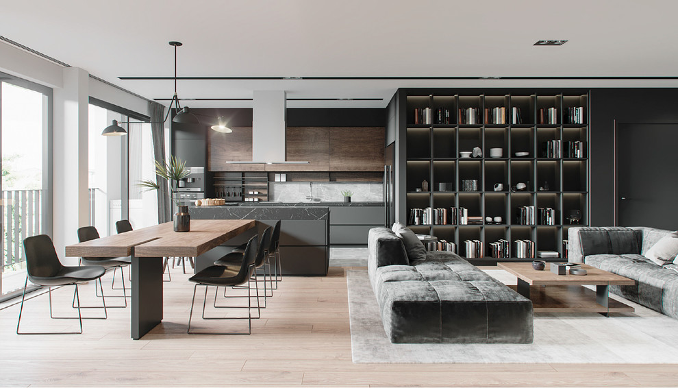 Immagine di un grande soggiorno bohémian aperto con libreria, pareti grigie, pavimento in legno massello medio, TV a parete e pavimento marrone