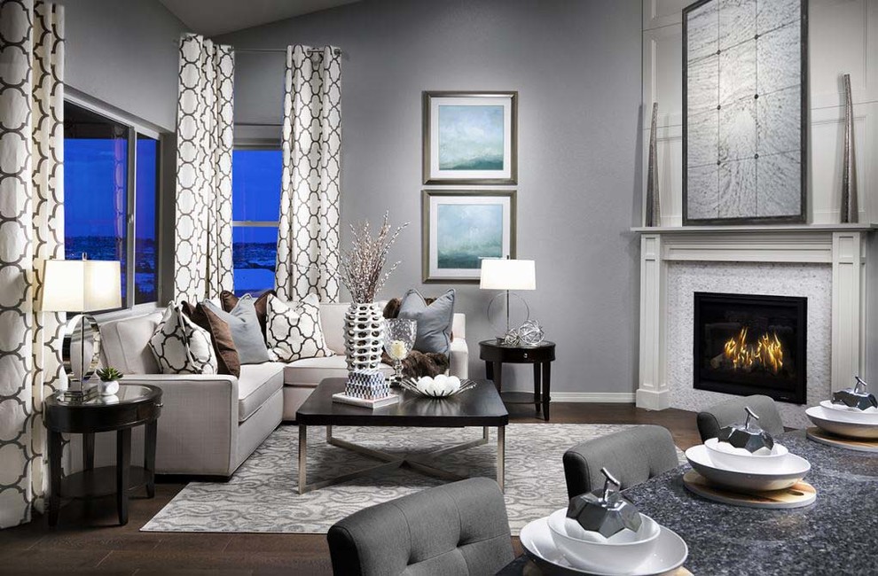 Großes, Fernseherloses, Offenes Modernes Wohnzimmer mit grauer Wandfarbe, braunem Holzboden, Kamin und Kaminumrandung aus Stein in Denver