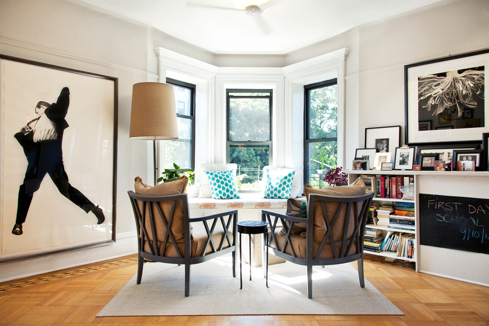Example of a mid-sized ornate open concept beige floor family room design in New York with gray walls