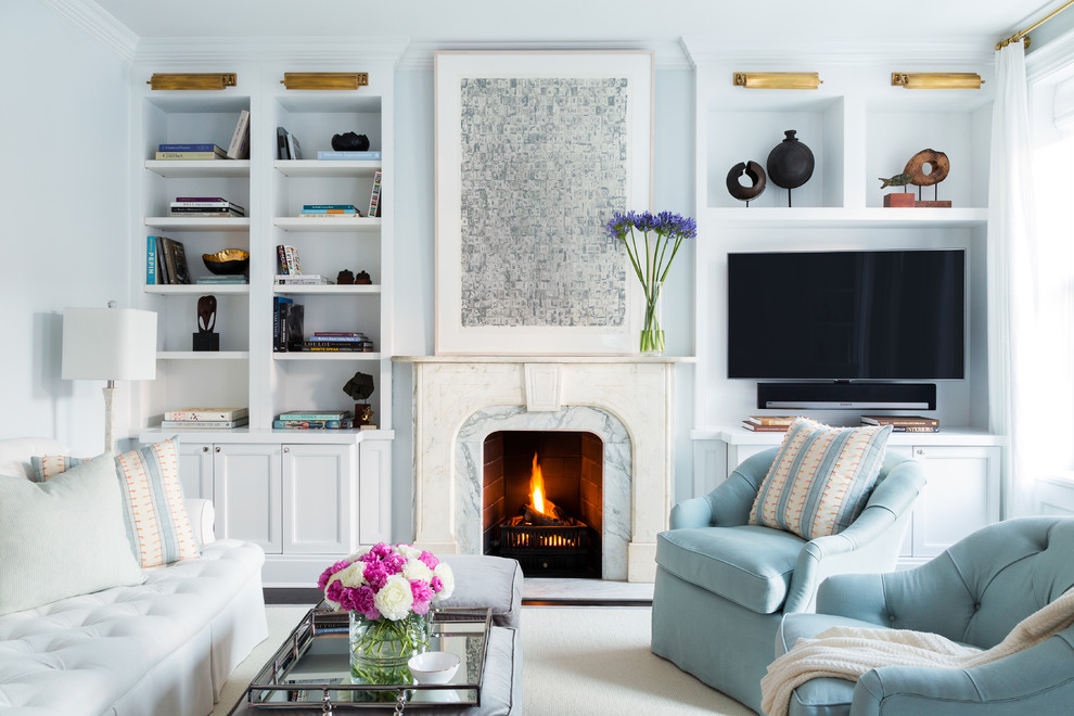 Family room - large transitional open concept carpeted family room idea in New York with a standard fireplace, a stone fireplace, a media wall and blue walls