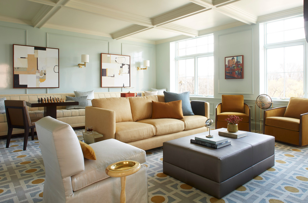 Foto de sala de estar tradicional renovada con moqueta, paredes azules y suelo multicolor