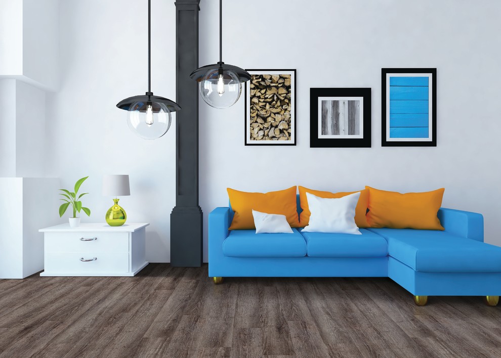 Ispirazione per un soggiorno moderno con pareti bianche, pavimento in vinile e pavimento marrone
