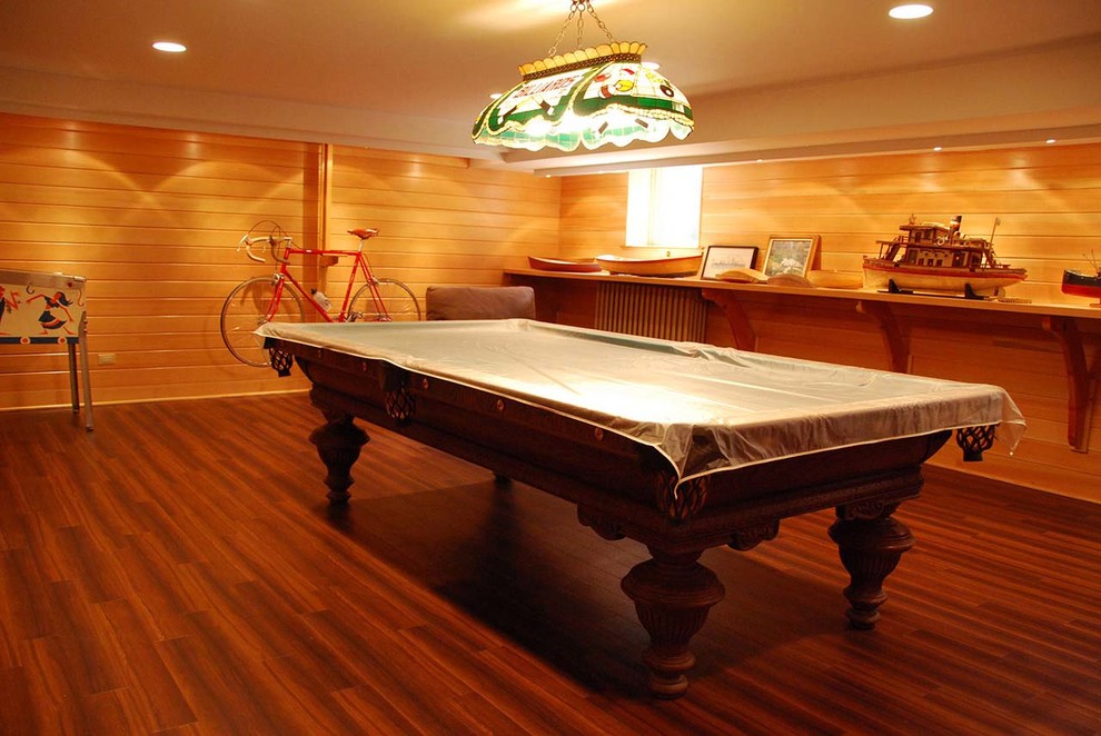 Inspiration for a medium sized enclosed games room in Chicago with a game room, beige walls, medium hardwood flooring, no fireplace, no tv and beige floors.