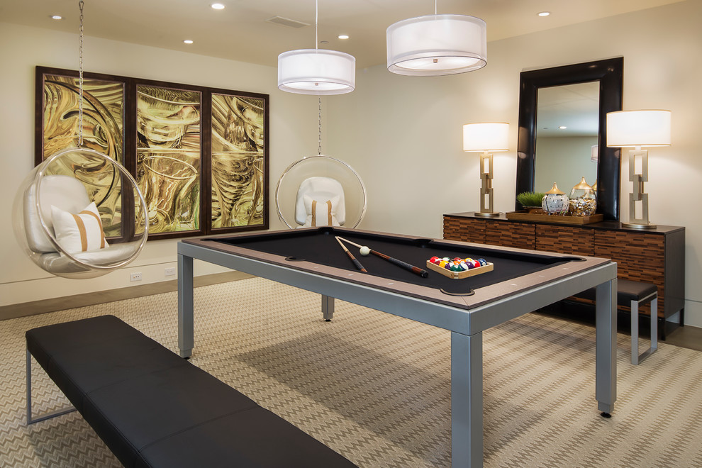 Design ideas for a contemporary games room in Orange County with beige walls and dark hardwood flooring.