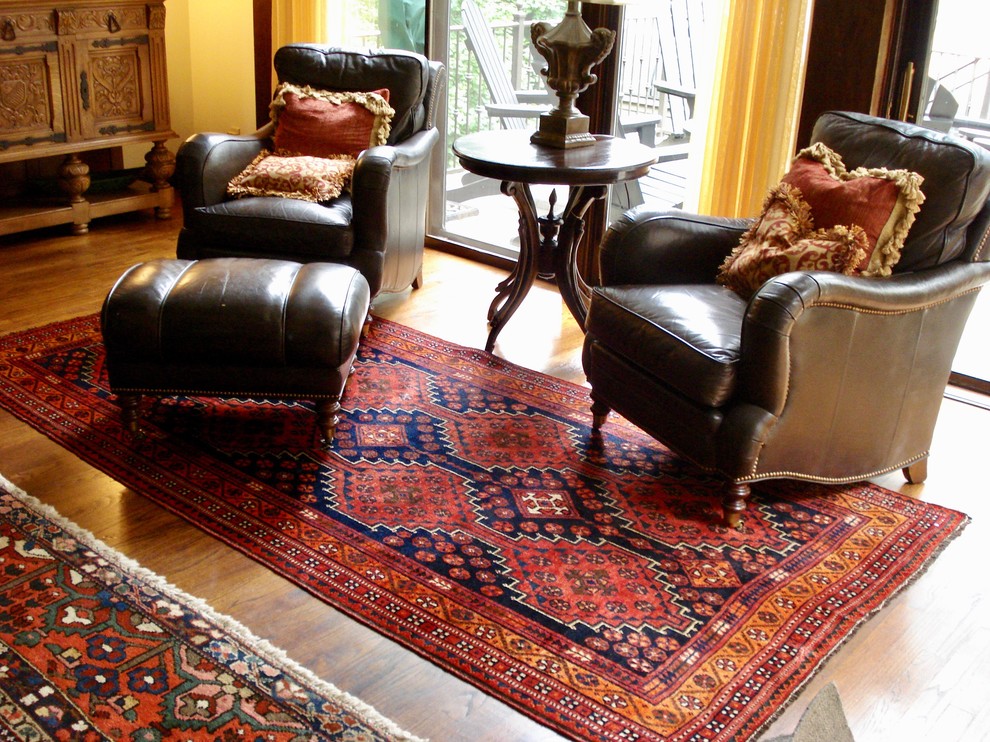 Persian Shiraz oriental rug grounds with elements of geometry and jewel