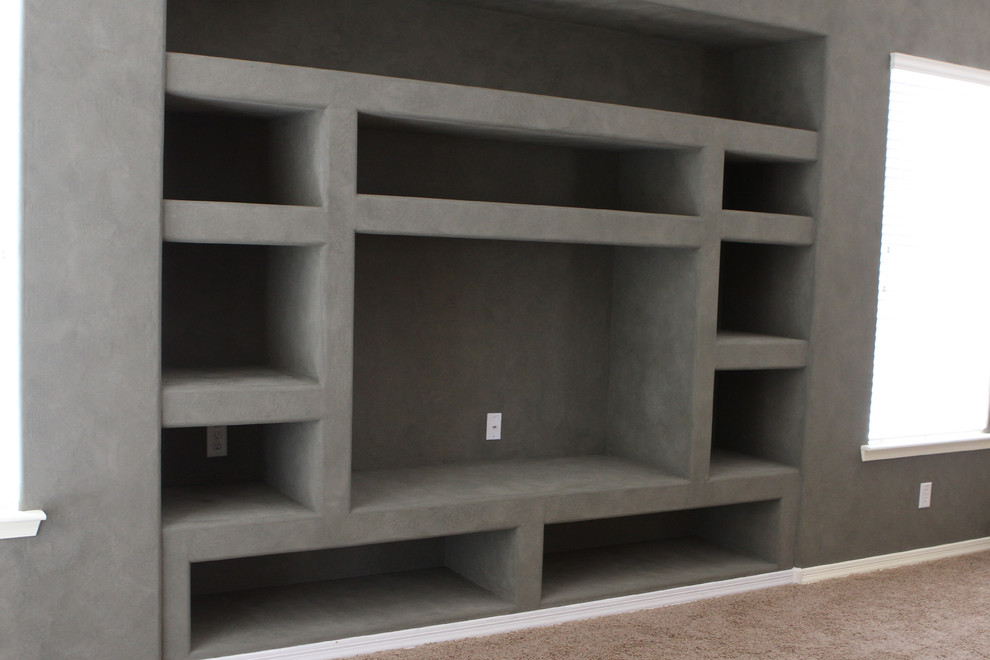 Inspiration for a large industrial open plan games room in Phoenix with grey walls, carpet and a built-in media unit.