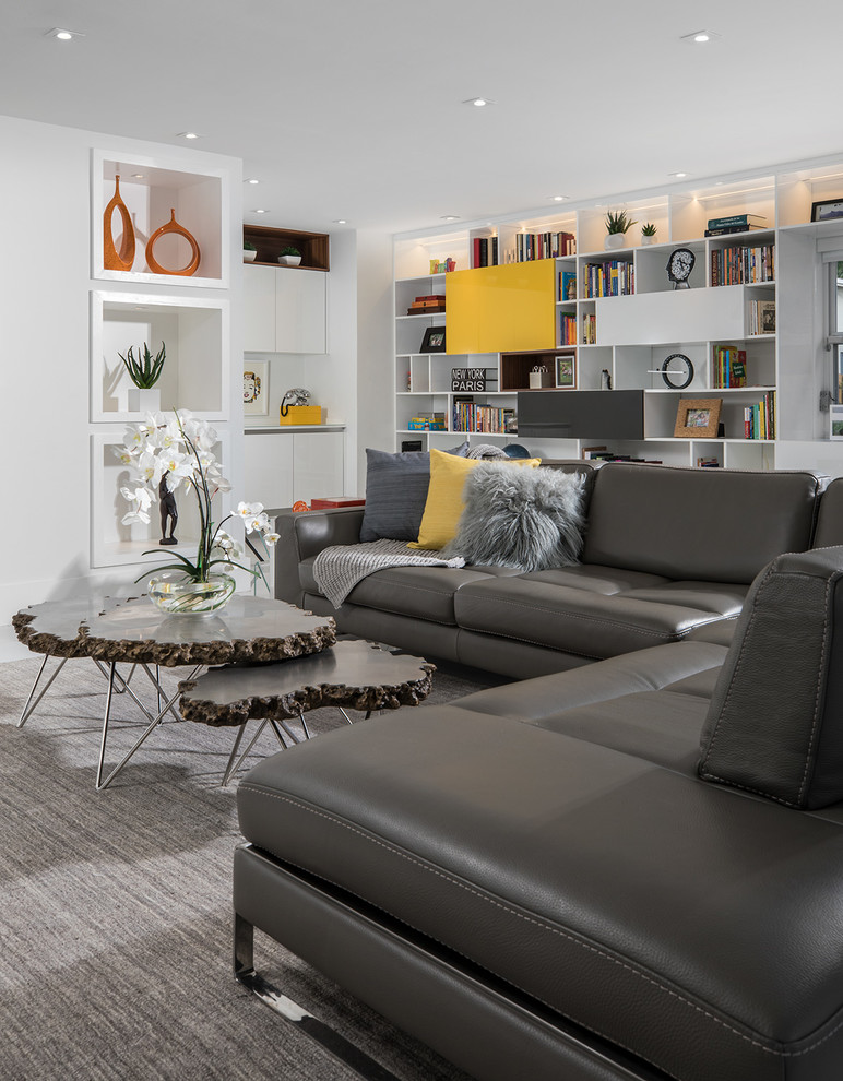 Cette image montre une salle de séjour design avec un mur blanc, moquette et un sol gris.