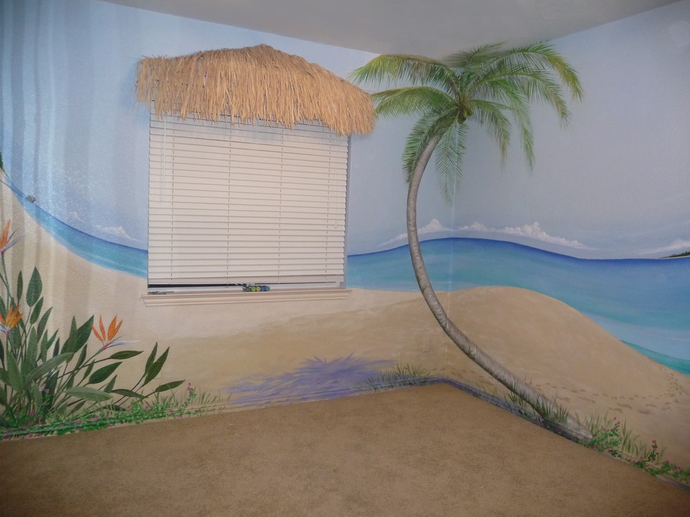Idee per un soggiorno stile marino di medie dimensioni e chiuso con pareti blu e moquette