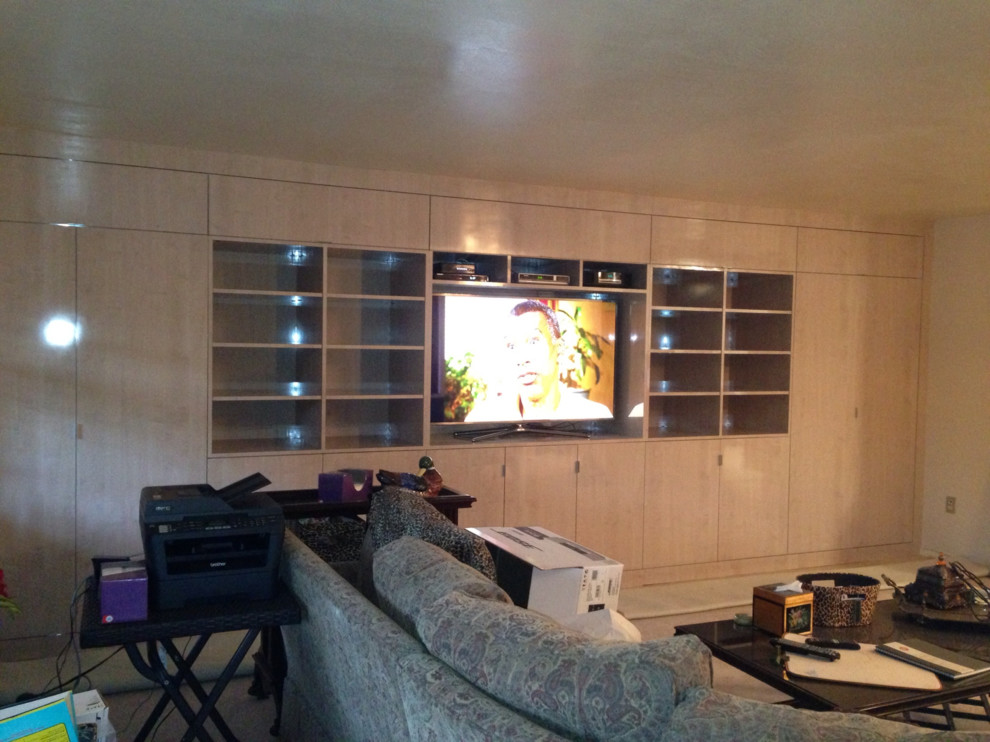 Imagen de sala de estar cerrada actual de tamaño medio sin chimenea con paredes blancas y pared multimedia