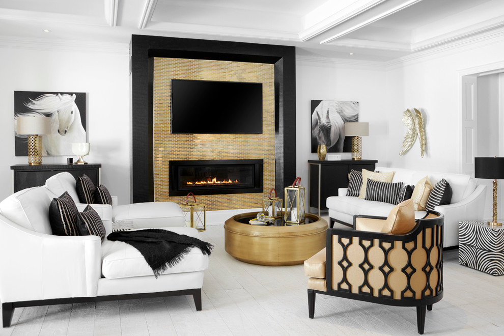 Example of a large trendy open concept light wood floor family room design in Toronto with white walls, a ribbon fireplace, a tile fireplace and a wall-mounted tv