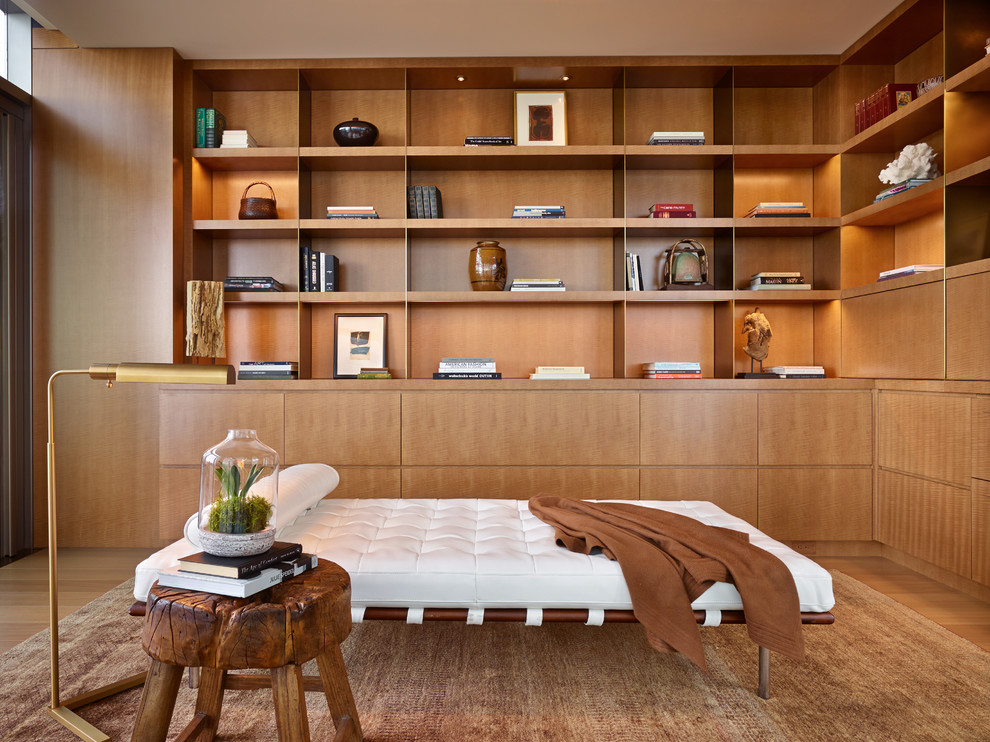 Aménagement d'une salle de séjour contemporaine avec une bibliothèque ou un coin lecture.