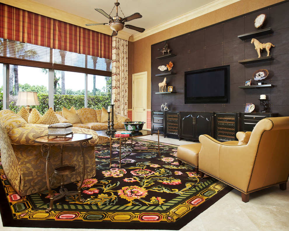 Photo of a classic open plan games room in Miami with beige walls, a wall mounted tv and a feature wall.