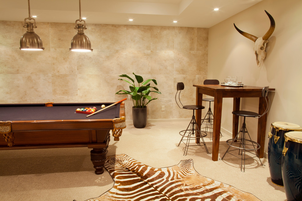 Inspiration for a large contemporary enclosed games room in Miami with beige walls, carpet, no fireplace and no tv.