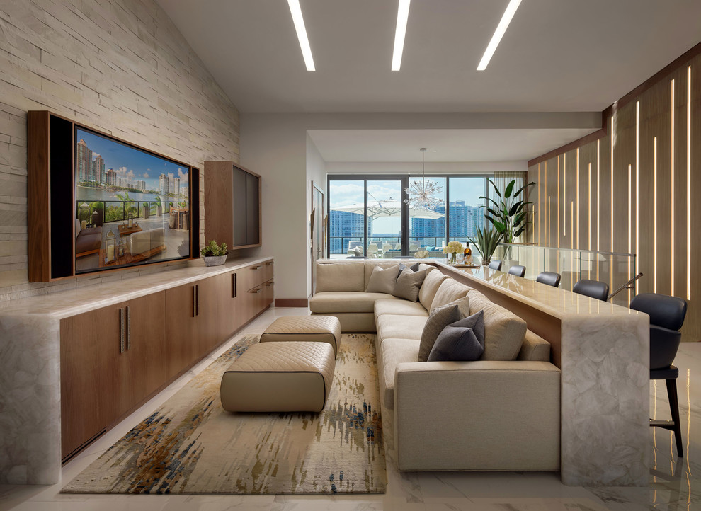 Design ideas for a contemporary open plan games room in Miami with white walls, no fireplace, a wall mounted tv, white floors and a feature wall.
