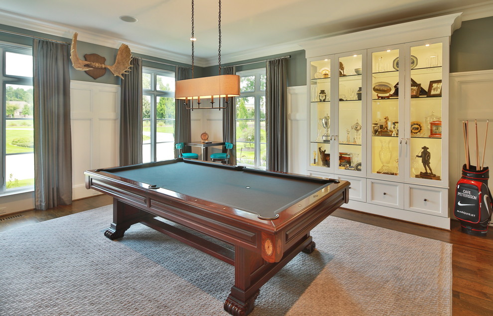 Inspiration for a traditional games room in Raleigh with grey walls, medium hardwood flooring, a wall mounted tv and a game room.