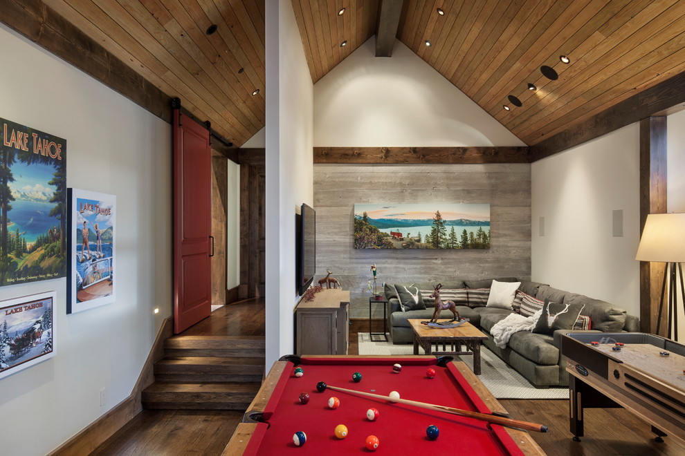Inspiration for a rustic enclosed dark wood floor and brown floor family room remodel in Sacramento with white walls, no fireplace and a wall-mounted tv
