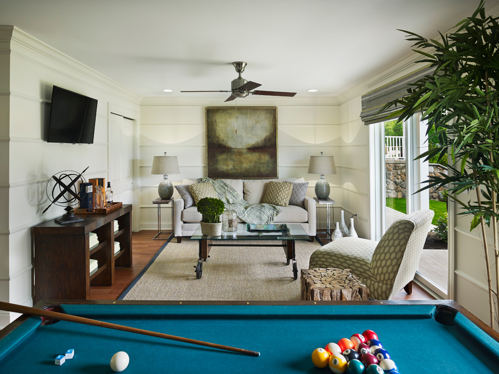 Example of a large beach style family room design in New York