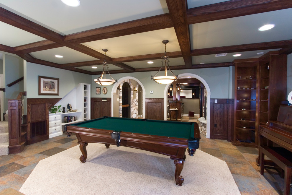 Design ideas for a large traditional open plan games room in Other with grey walls, ceramic flooring, a game room, a standard fireplace, no tv and orange floors.