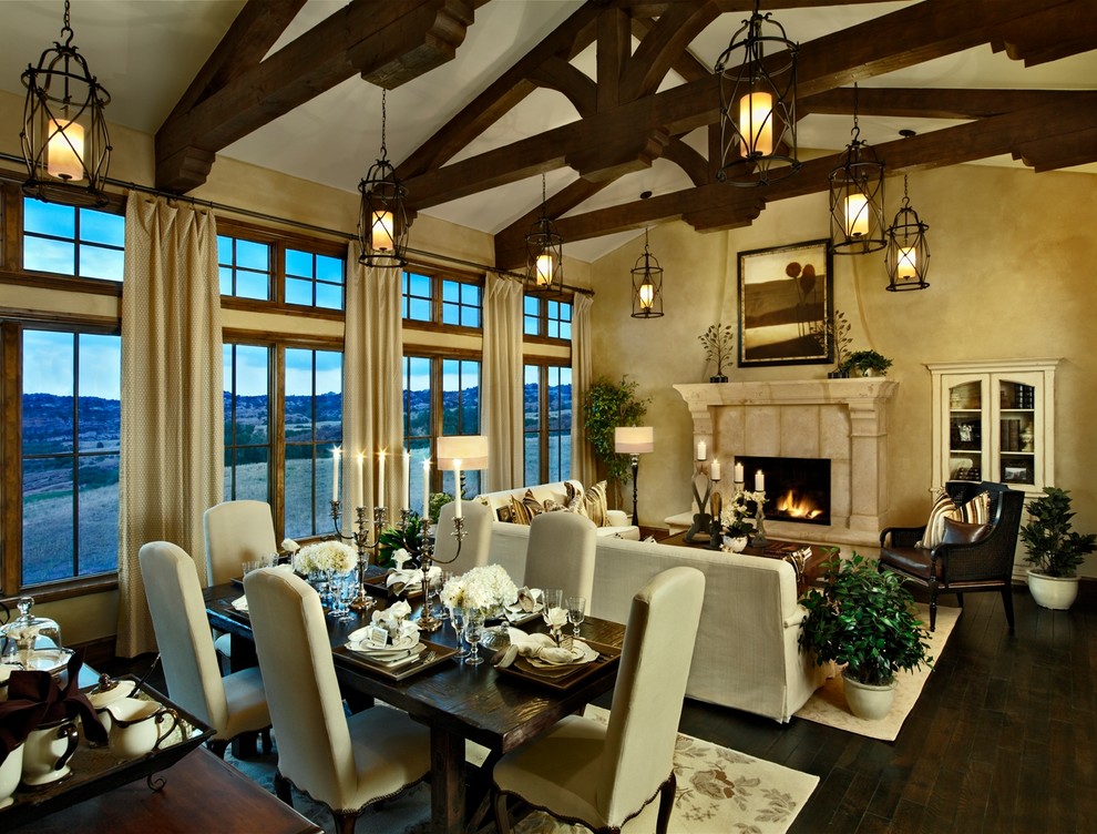 Design ideas for an expansive traditional open plan games room in Salt Lake City with porcelain flooring, a stone fireplace surround, beige walls, a standard fireplace, no tv and brown floors.
