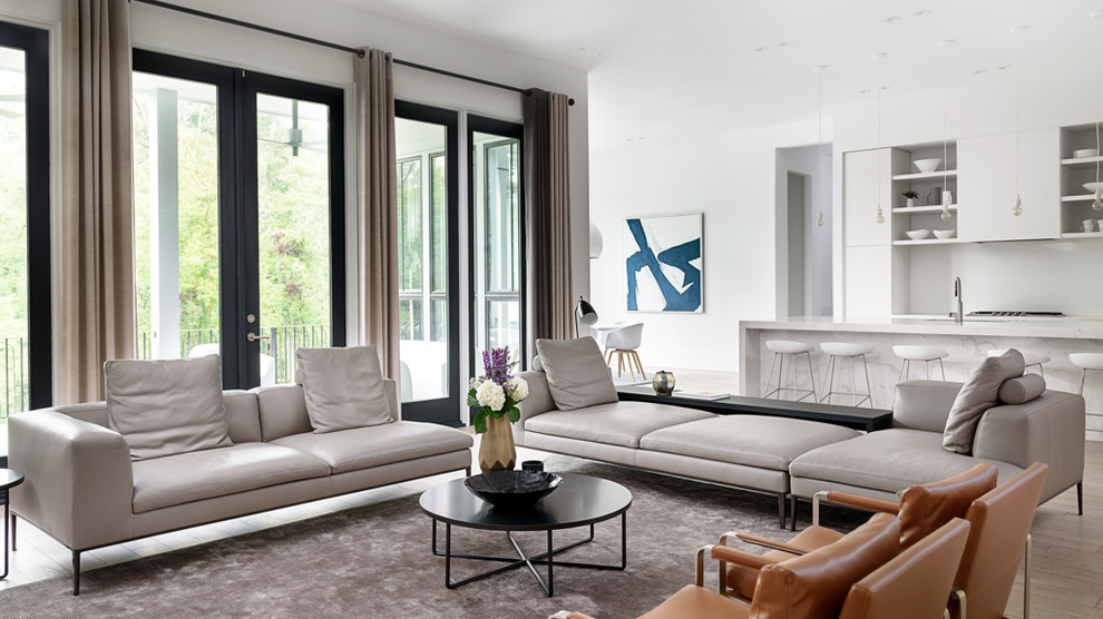 Modelo de sala de estar abierta minimalista grande con paredes blancas, suelo de madera clara, chimeneas suspendidas, marco de chimenea de yeso, televisor colgado en la pared y suelo beige
