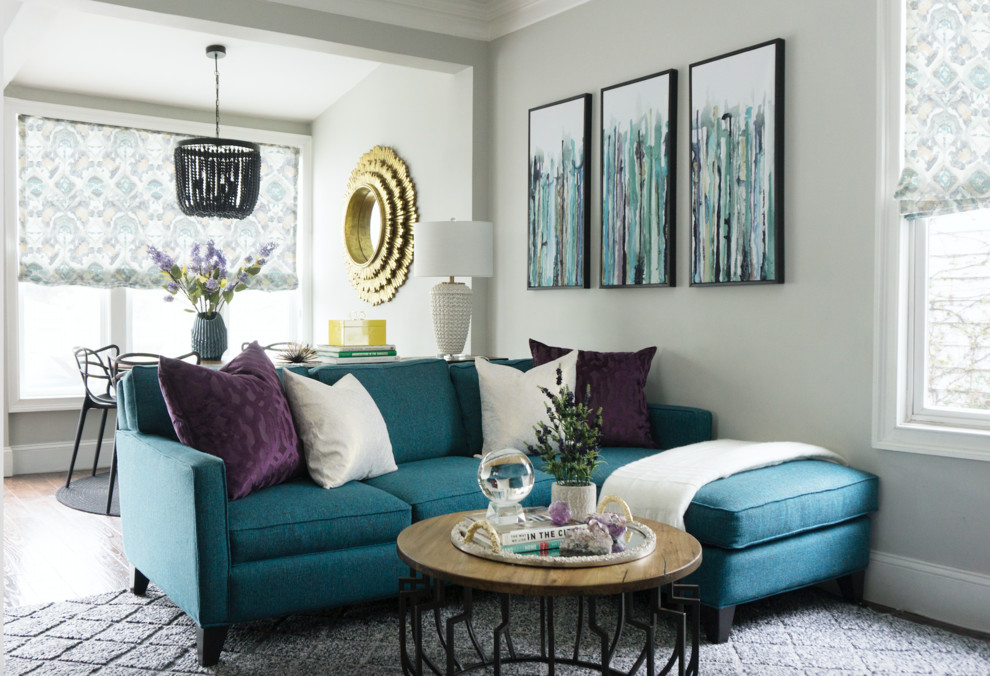 Medium sized classic open plan games room in Chicago with grey walls, dark hardwood flooring, a built-in media unit and brown floors.