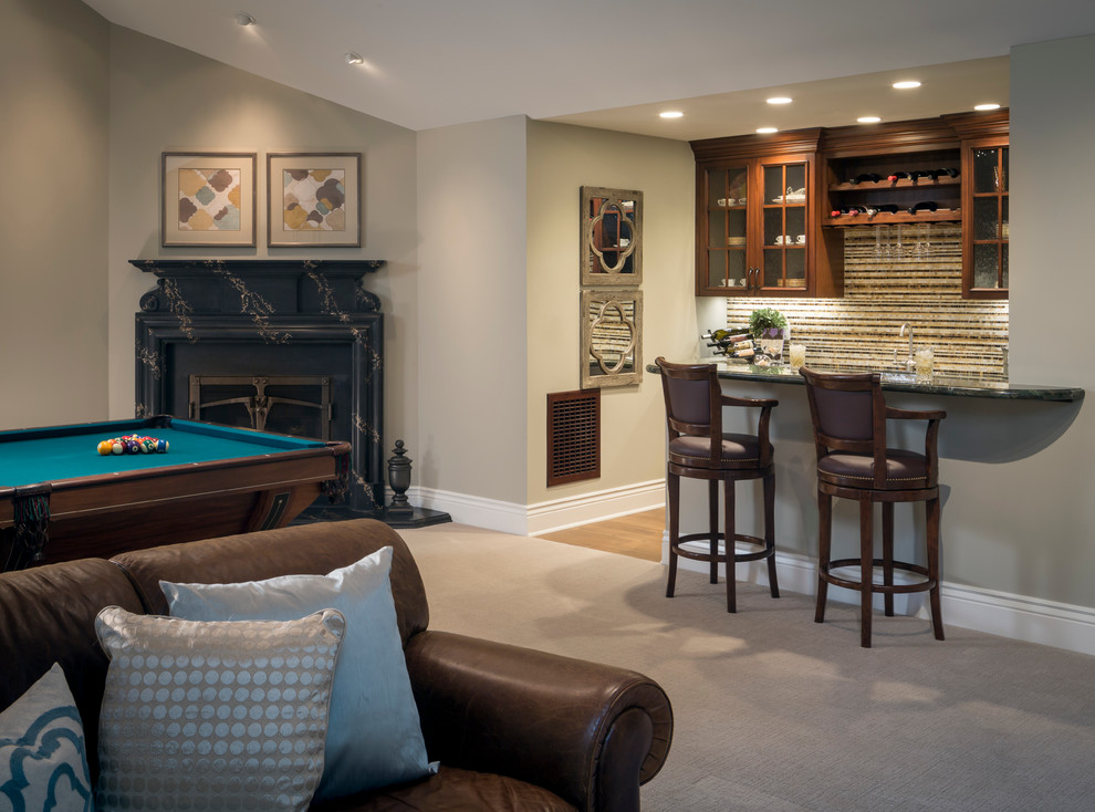 Design ideas for an expansive traditional enclosed games room in San Francisco with a game room, beige walls, carpet, a standard fireplace and a stone fireplace surround.