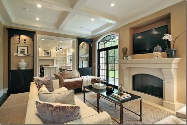Mid-sized elegant open concept carpeted family room photo in Dallas with beige walls, a standard fireplace, a stone fireplace and a tv stand
