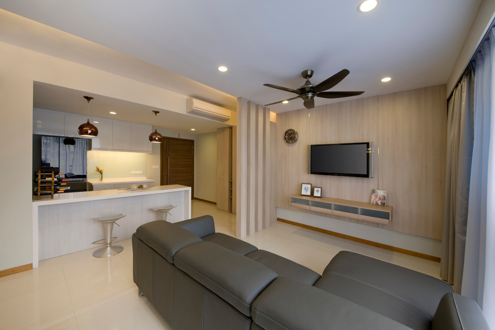 Design ideas for a medium sized modern open plan games room in Singapore with beige walls and ceramic flooring.
